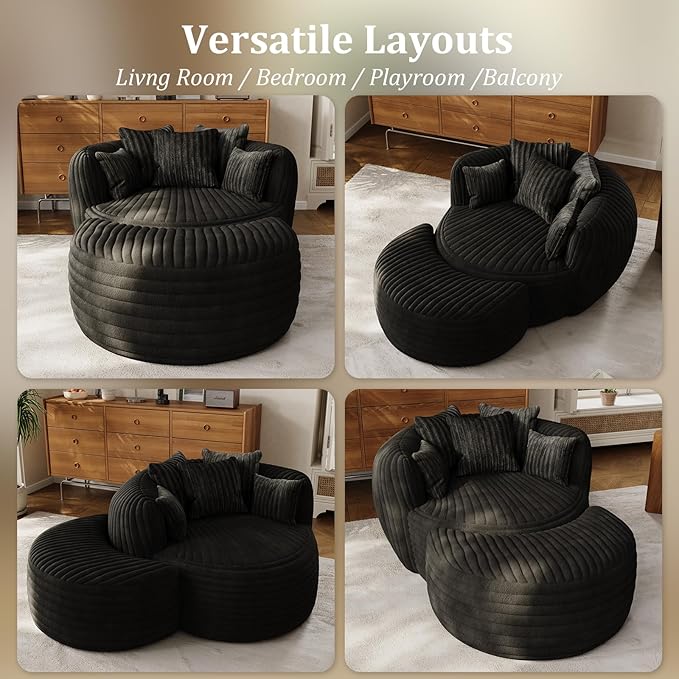 50 Oversized Chaise Lounge Indoor Round Reading Chair Lounge Chair with Ottoman Boneless Sofa Bed Large Fluffy Plush Corduroy Chaise Chair for Living Room Playroom Bedroom Black