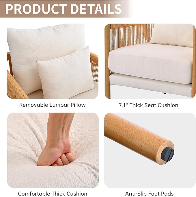 VKNOW Braid Armchair Boho Accent Chair Set of 2 with Solid Wooden Backrest and Armrest Rattan Chair with Waist Pillow for BedroomLiving RoomReading Room White