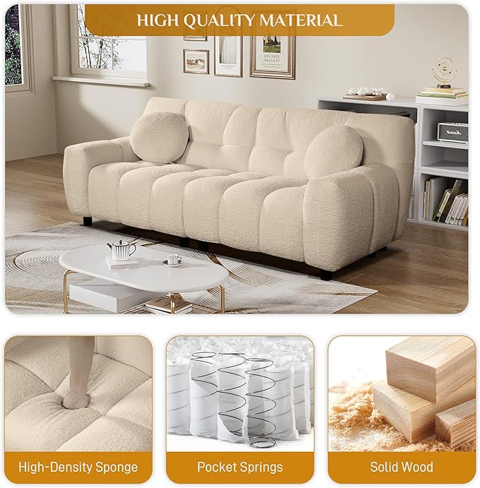 Modern Boucle Sofa Couch Comfy Deep Seat Teddy Cloud Couch 72.8 Upholstered Cozy Sherpa 2 Seater Couches with Pillows Oversized Loveseat Sofa for Living Room Apartment Light Brown