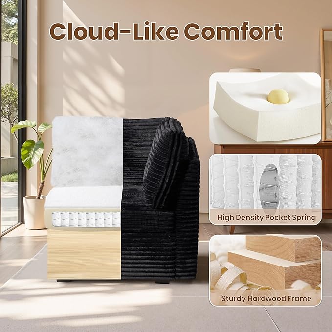 32.7'' Corner Seat for Modular Sectional Sofa Deep Seat Upholstered Convertible Sleeper Sofas L/U/V Shaped Plush Corduroy Cloud Couch for Living Room Apartment Black