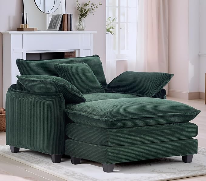 46 W Oversized Chair with Ottoman - Comfy Accent Chair and Ottoman Set Single Corduroy Large Armchair with Extra Thick and Deep Seat Modern Cloud Chaise Lounge for Living Room(Green)
