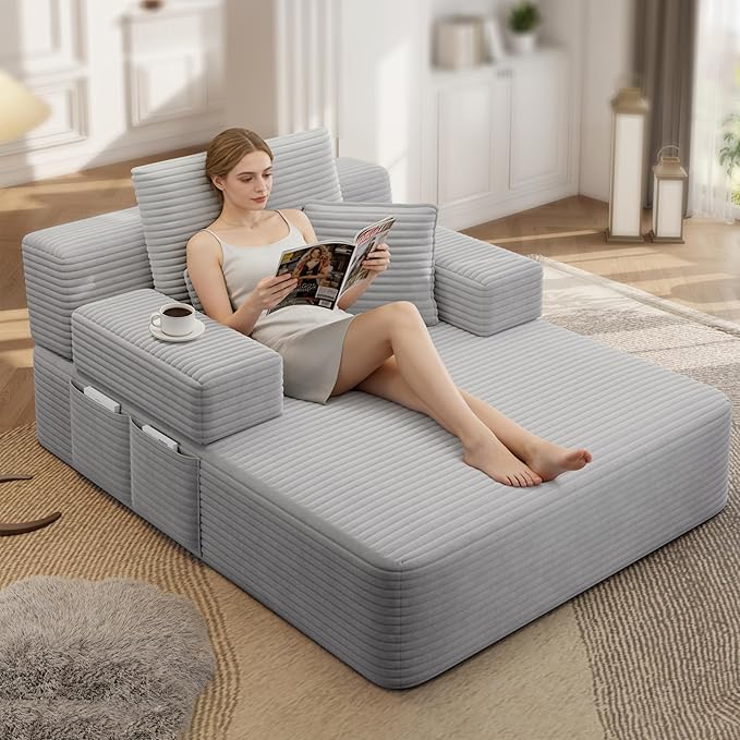 70W Oversized Chaise Lounge Chair Indoor with Adjustable Backrest &ampStorage 2 in 1 Convertible Sleeper Sofa Bed Compression Foam Boneless Couch for Living Room Bedroom Plush Corduroy Light Grey