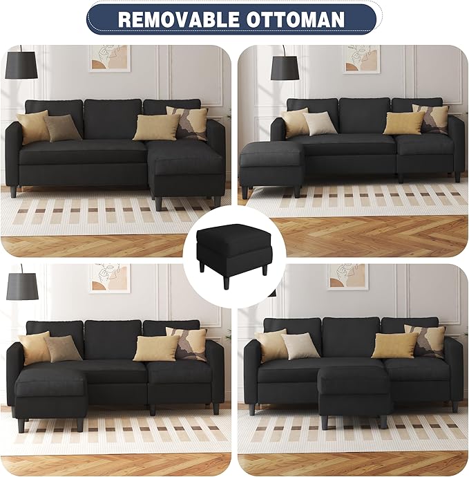 Shintenchi Convertible Sectional Sofa CouchL-Shaped Modular Sofas with Reversible Ottoman3-Seat Upholstered Corduroy Sofa CouchSmall Couches for ApartmentLiving Room and Office(Black)