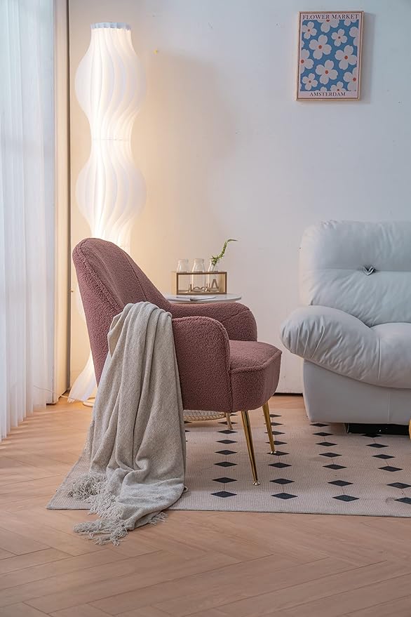 Modern Soft Teddy Fabric Red Ergonomics Accent Chair Living Room Chair Bedroom Chair Home Chair with Gold Legs and Adjustable Legs for Indoor Home