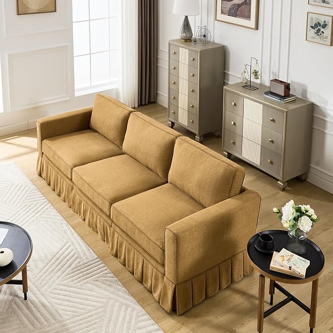 3 Seats Modular Sectional Sofa Couch 98 Modern Yellow Linen Fabric Cloud Couches with Skirts &amp Washable Cover Oversized Upholstered Accent Sofa Couch with Deep Seat &amp Pillow for Living Room