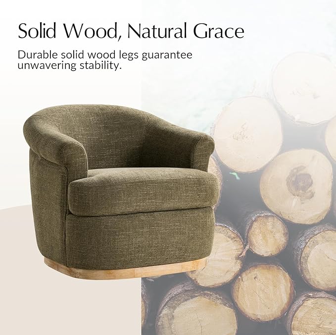 HULALA HOME Swivel Barrel Chair with Rolled Arms Upholstered Fabric Swivel Round Armchair with Removable Cushion Solid Wood Base for Living Room Bedroom Moss