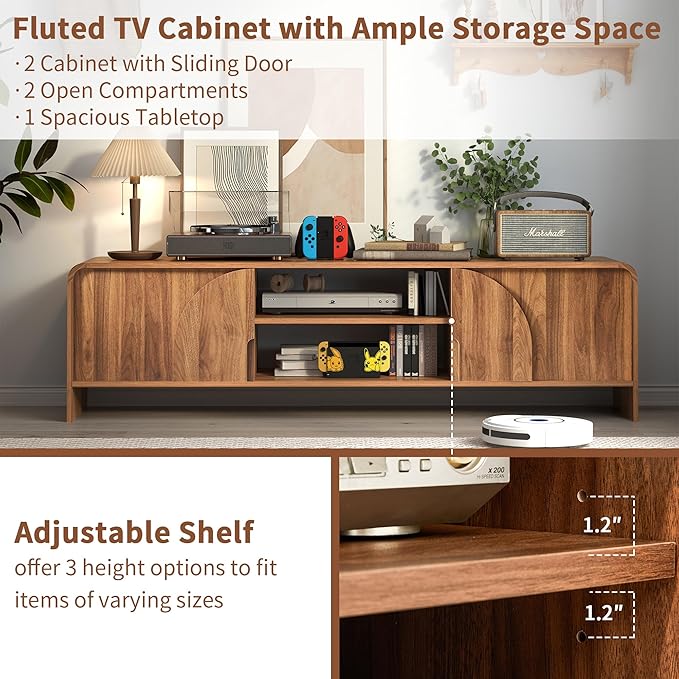 BERRYMERRY 63'' TV Stand for Up to 75 TVsMCM TV Console Table with Big Arched HandleTelevision Stands Entertainment Media Center with Sliding Door for Living Room Bedroom (Walnut)