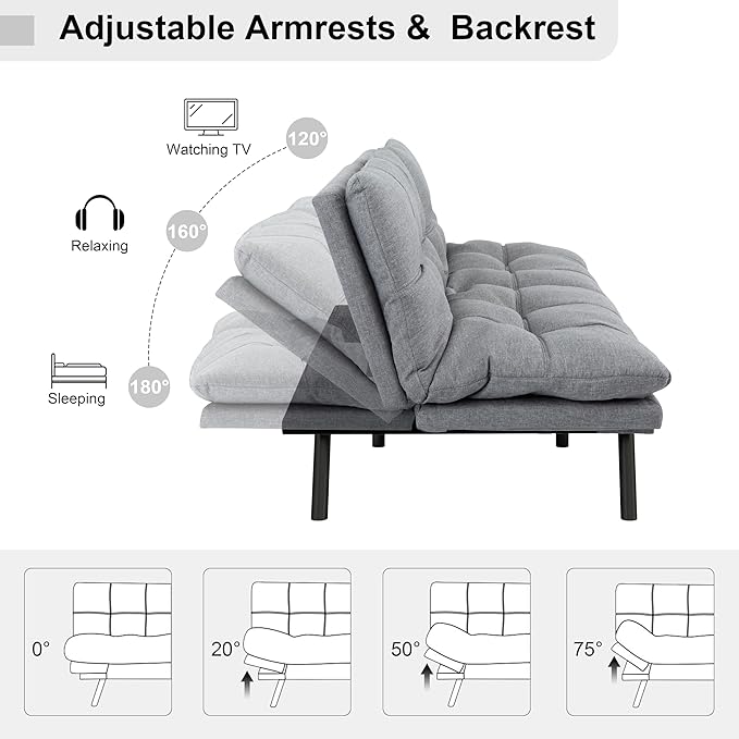 MUUEGM 71 Futon Sofa Bed Comfortable Memory Foam Futons Sofa with Adjustable Backrest &amp Armrests Convertible Loveseat Futon Bed for Compact Living Room Apartment Office Grey