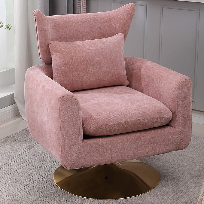 Pink Swivel Accent Chairs for Living Room Mid Century Modern Accent Chair with Arms Comfy Side Chairs for Living Room with Gold Base &amp Lumbar Pillow Upholstered Armchair with Wingback