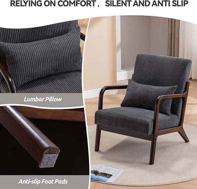 Accent Chair Mid Century Modern Chair Living Room Chairs with Pillow Upholstered Lounge Arm Chair Reading Chair with Solid Wood Frame &amp Corduroy Fabrics for Living Room Bedroom