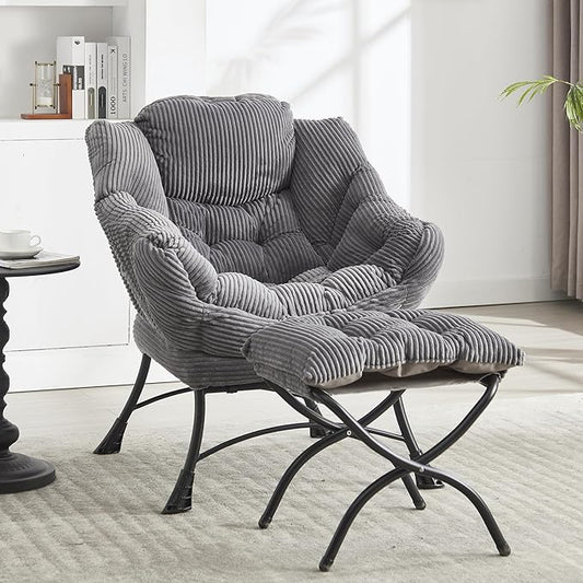 HOMEFUN Lazy Chair with Ottoman Bedroom Chairs for Adults Modern Lounge Accent Chair with Armrests Ergonomic Footrest for Small Spaces Comfy Reading Chair for Living Room Bedroom Office Grey