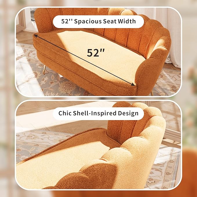 59'' Loveseat Sofa Modern Sherpa Boucle 2-Seater Sofa with Golden Legs Comfy Upholstered Shell Accent Couch for Store Living Room Studio Office (Caramel).