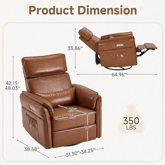 Power Recliner Rocking Chair Nursery Gliders with Adjustable Armrests and Headrest Swivel Electric Glider Reclining Nursing Chair with USB Port and Storage Bags FSC Certified (Leather Brown)