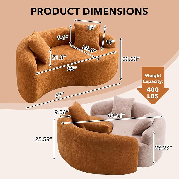 67 Modular Sectional Loveseat Sofa Chenille Upholstered Cloud Couch with S-Shaped Cushion Boneless Couch Sleeper Deep Seat Sofa with Throw Pillows for Living Room (Orange) | Chenille Comfortable