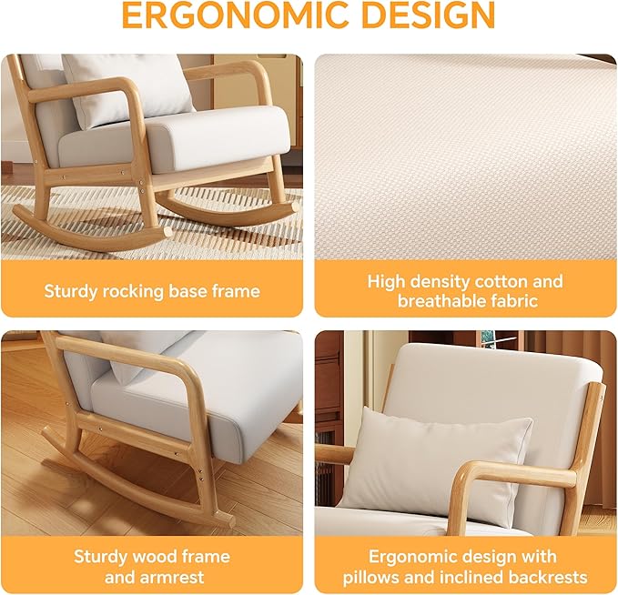 Solid Wood Reclining Accent Chair Mid-Century Modern Lounge Armchairs Fabric Upholstered Soft Comfy Living Room Chairs with Armrest Waist Pillow for Office Reading Waiting Room (Off-White)