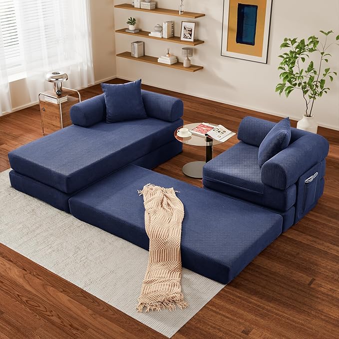 Modular L Shaped Sofa Bed with Cylindrical Pillow &amp Reversible Chaise Corduroy Convertible Floor Boneless Sofa Couch Bed with Fixed-Shape Frame &amp Storage Pocket for Living Room Blue