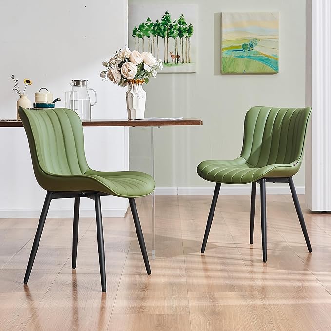 YOUNUOKE Mid-Century Modern Dining Chairs Set of 2 Olive Green PU Leather Upholstered Kitchen Chairs with Black Metal Legs Armless Accent Side Chair for Dining Room Guest Reception Room