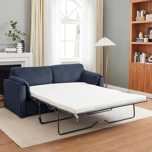 Pull Out Sofa Bed Corduroy Queen Sleeper Sofa Couch with Foam Mattress Large Sleeper Pullout Couch Bed for Living Room Office Queen Size (Blue)