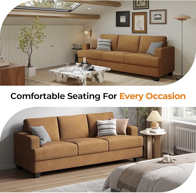 89 Inch Sofa with Extra Deep Seats Oversize 3 Seater Sofa for Living Room Modern Couch and Sofa Comfy Armrests and Seats and Backrests Easy Installation Corduroy Fabric Ginger Yellow