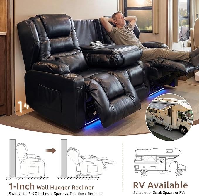 SAMERY Loveseat Recliner Sofa Power Reclining Loveseat Sofa Wall Hugger Recliners RV Couch with Flip-Backrest Solid Wood Top Ambient LED Lights USB-C Outlets Faux Leather Black | Extra Wide Se