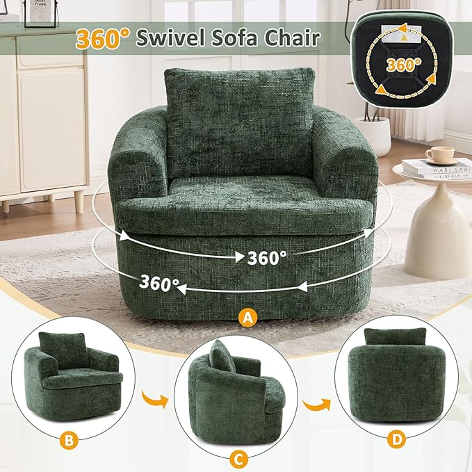 36.6 Boucle Swivel Barrel Chair - Chenille Accent Armchair with Pocket Spring Cushion Ergonomic Armrests &amp Throw Pillow Comfy Single Sofa Chair for Nursery Living Room &amp Offices (Green)
