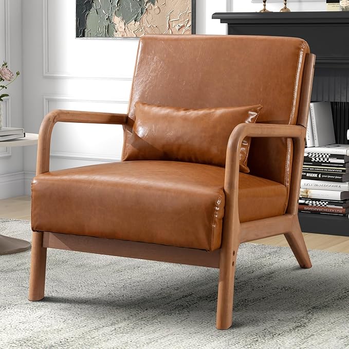 Phoenix Home Upholstered Mid Century Modern Accent Chair Set of 2 Lounge Fabric Living Room Chairs with Solid Wood Frame and Waist Cushion Reading Armchair for Bedroom Brown