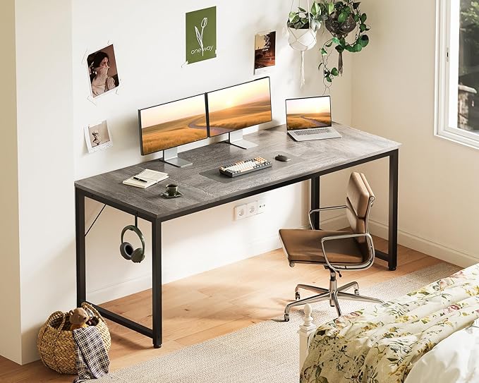 Casaottima 63 Inches Small Computer Desk Work Study Table for Home Office Kids Student Writing Desk with Headphone Hooks Grey
