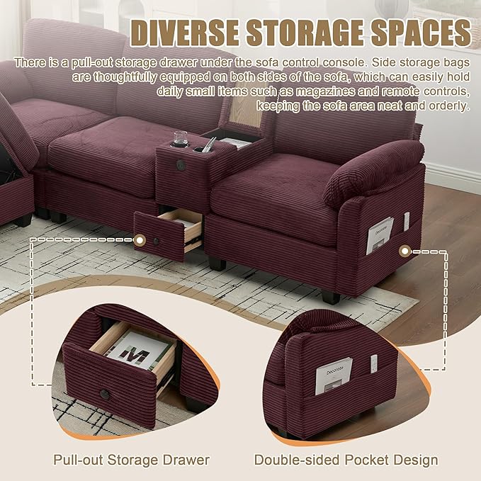 KEIKI 105 L-Shaped Oversized Corduroy Modular Sectional Sofa with 1 Ottoman and Multi Functional Console 4-Seater Upholstered Couch with USB and 2 Cup Holder Easy Assembly for Living Room Red