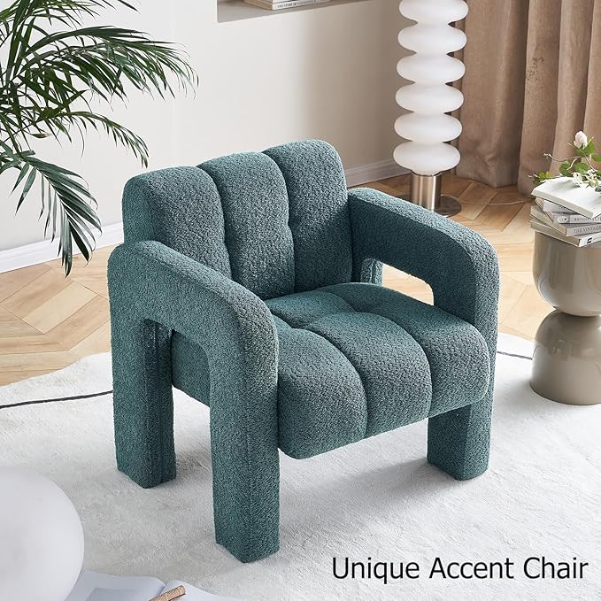 Accent Chair Living Room Chairs Modern Comfy Reading Nook Chair for Bedroom Upholstered Boucle Fabric Side Chair Armchair for Living Room Office (Green)