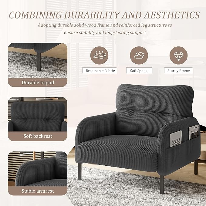 Gray Accent Chair - Corduroy Living Room Chairs with Side Storage Pockets and Durable Legs Comfy Arm Reading Chair with Soft Backrest for Bedroom Balcony Study Room