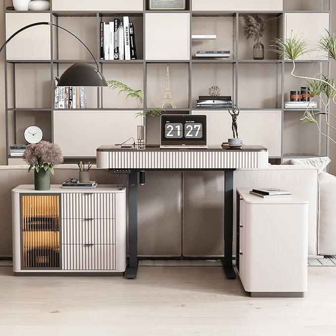 Lartis Office Desk Electric Standing Desk with Built-in Outlets Tempered Glass Top Modern Office Computer Desk with 2 Side cabinets (Ivory White 50)