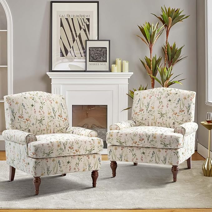HULALA HOME Floral Spring Accent Chair Set of 2 for Bedroom | Wood Legs Upholstered | Modern Retro Comfy Removable Cushion