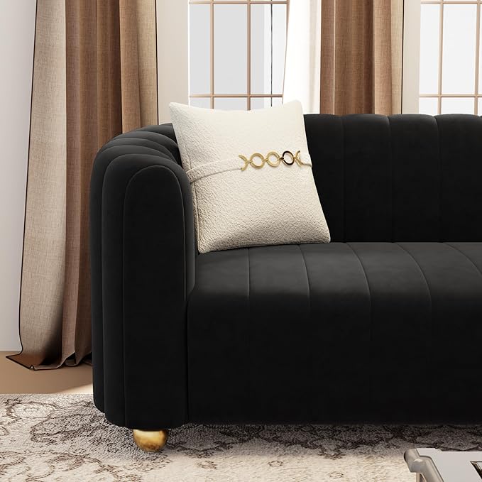 KEAI 83.46 Velvet Couch for Living Room Large Modern Sofa with Gold Metal Sphere Legs Office Upholstered Comfy 3 Seater Couches Cute Sherpa Bedroom Furniture (Black)