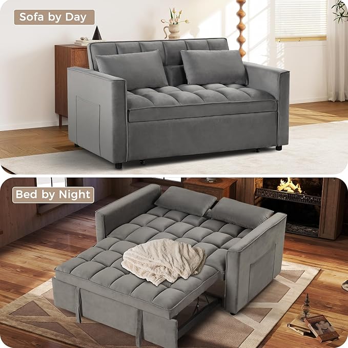 ANJ 3 in 1 Convertible Sofa Bed Pull Out Futon Loveseat Sleeper Sofa Couch with Adjustable Backrest Storage Pockets 2 Pillows for Living Room Bedroom