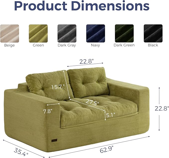MAXYOYO 63 Boneless Sofa Couch 2-Seater Cloud Couch Floor Loveseat for Small Space with Pillows Tufted Floor Sofa with Layered Cushion for Apartment &amp Lounge No Assembly Required Green