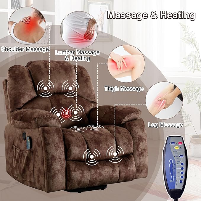 Bonzy Home Power Lift Recliner Chair with Massage and Heating Lift Chairs Recliner for Elderly Upholstered Comfy Power Lift Chair with 2 Hidden Cup Holders Side Pockets USB Port Brown