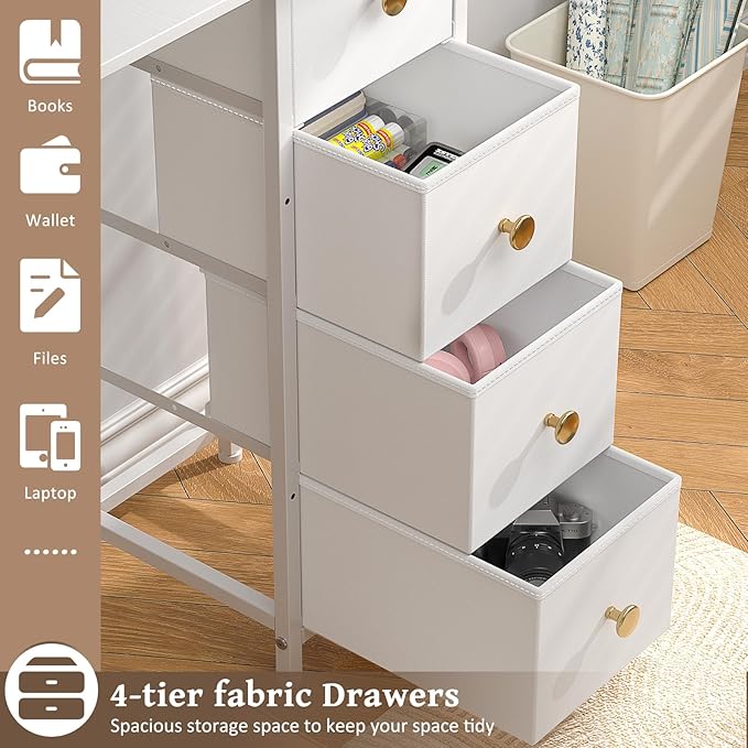 Small White Desk with Drawers for Bedroom 35.4 Inch Kids Girls Teens Student Writing Desk with Storage Reversible Study Table White Computer Desk for Home Office Makeup Vanity Desk for Small Space