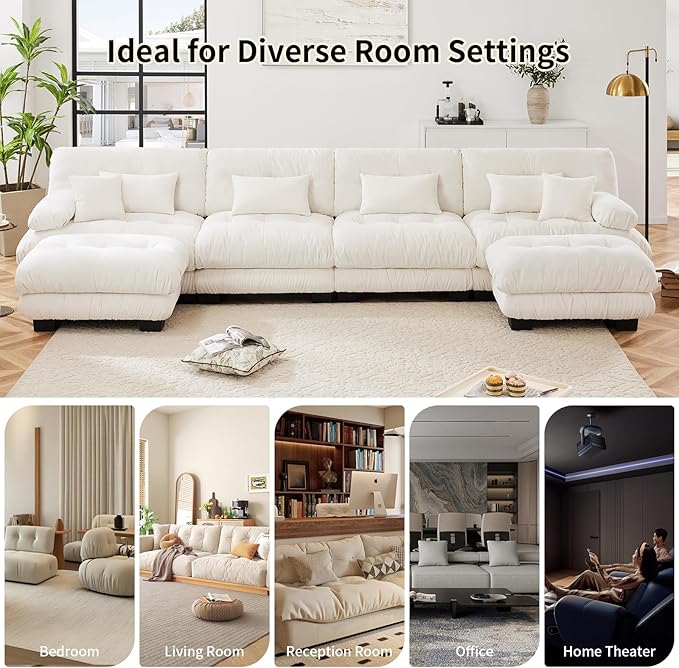 173.2 Deep Seat Modular Sofa Set Chenille Fabric Large Sectional Couches for Living Room 4 Seater Modern Cloud Couch with 1 Ottoman for Apartment or Bedroom L Shaped White