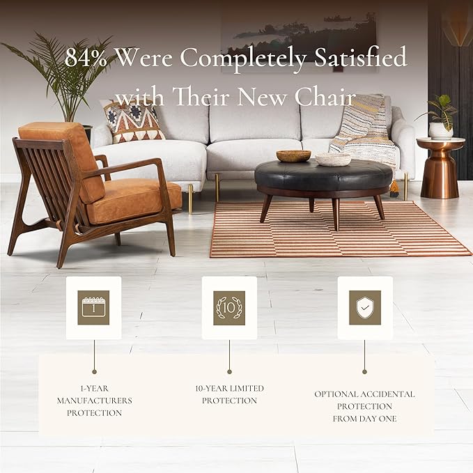 Poly &amp BARK Verity Leather Accent Chair – Armchair with Walnut Wood Frame – Fashion-Forward Lounge Seating for Living Room – Upholstered in Cognac Tan Leather for Modern Style