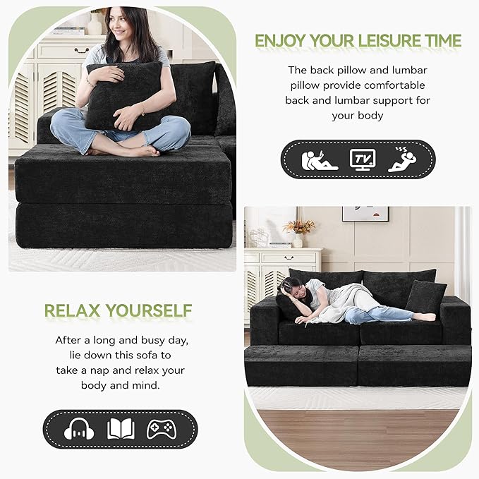 79 Boneless Loveseat Sofa Couch Modular Foldable Floor Cloud Sofa with Ottoman Lounge Convertible Sofa Bed for Living Room No Assembly Chenille Black