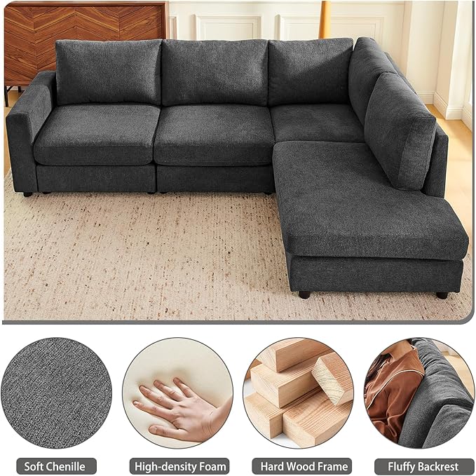 100 L-Shaped Couch with Reversible Chaise Chenille Modular Sectional Sofa 4-Seater Corner Couch for Living Room Apartment Dark Grey
