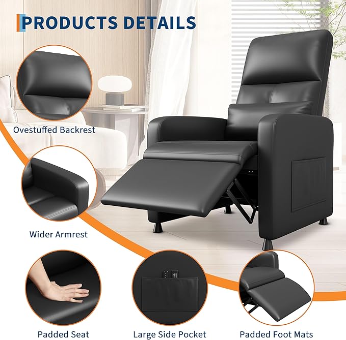 Power Recliner Chair Electric Recliner with Memory Function &amp USB Port Overstuffed PU Leather Living Room Chair with Side Pockets Ergonomic Home Theater Seating Black