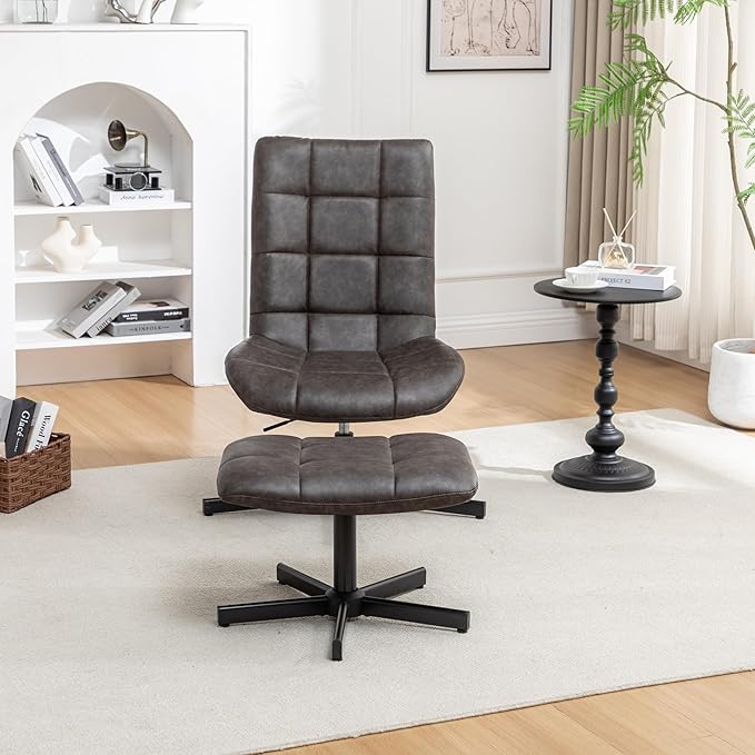 Roundhill Furniture Arlena 2-Piece Seating Set Faux Leather Tufted Accent Chair and Ottoman Brown