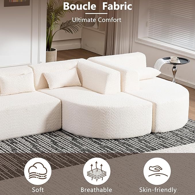 144 Modular Sectional Couch 5-Seat Cloud Sofa Compression Sofa with Two Chaise Lounge and 5 Back Pillows Boucle Fabric No Assembly Required Ideal for Living Room or Apartment Beige