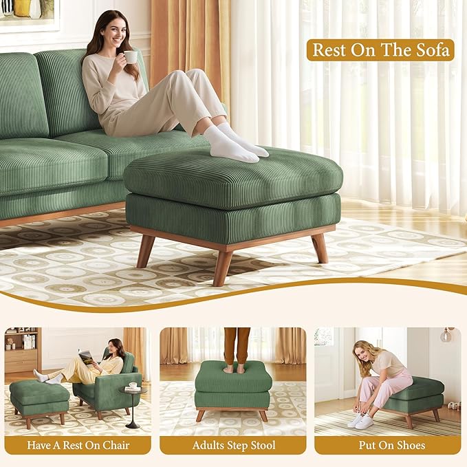 Vesgantti Large Ottoman for Modular Sofa 29.5 Corduroy Pouf Ottoman with Spring Cushion Rectangle Foot Rest for Couch Entrance Footstool with Wood Legs Footstool for Living Room Bedroom Green