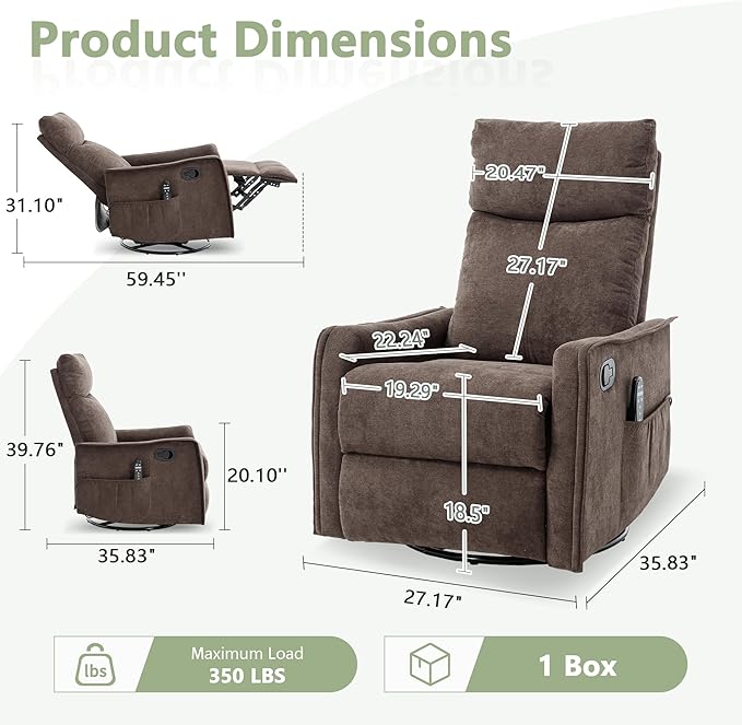 cinkehome Swivel Rocker Recliner Glider Rocker Recliner Chair for Nursery Manual Reclining Chair with Heated Massage Small Spaces Living Room Linen Brown