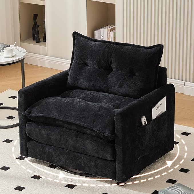 Oversized 360° Swivel Accent Armchair Nursing Chair and a Half with Side Pockets and Wide armrest Solid Metal Base Comfortable Single Sofa Chair for Living RoomBedroom Reading Room (Black)