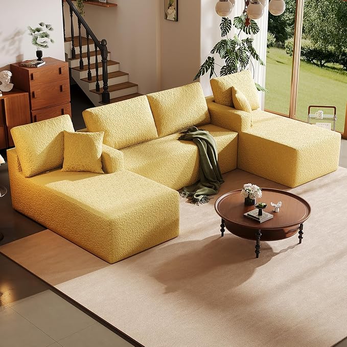 140 Modular U-Shaped Sectional Sofa 7-Seater Cloud Couch with Double Chaise Modern Sleeper SofaNo Assembly Sectional Cloud Boneless Sofa Couches for Living Room/Apartment