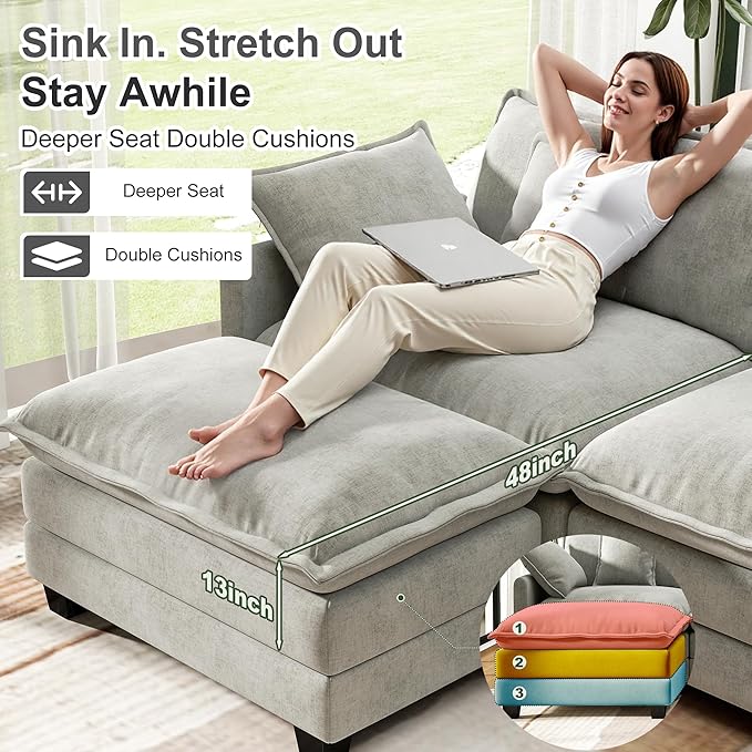 146 Cloud Couch Sectional U Shaped Modular Sectional Sofa 4-Seat Deep Seat Couch with 6 Removable Washable Pillows and 2 Ottoman for Living Room Bedroom Apartment Light Grey