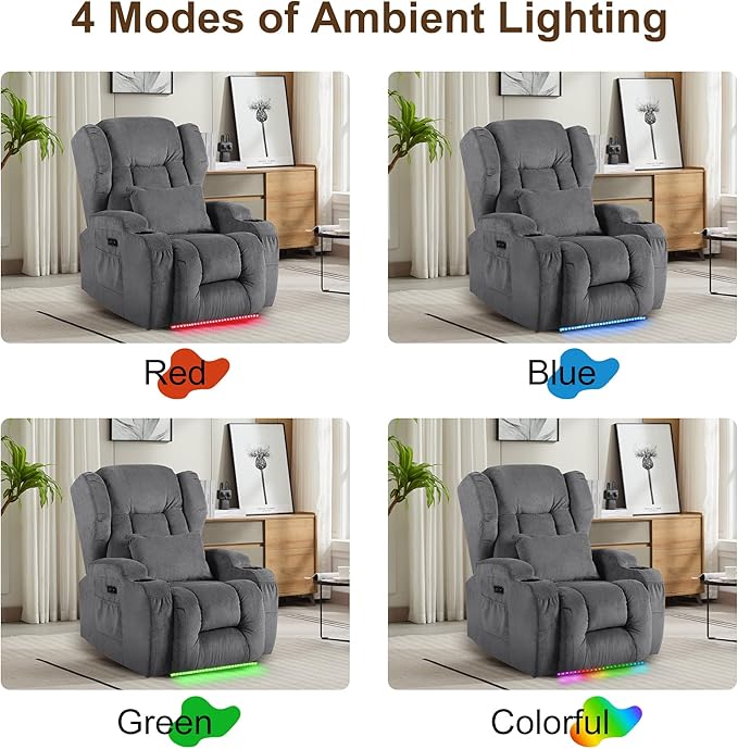 DRMBOOK Power Recliner Chair Electric Wall Hugger Reclining Sofa with Massage &amp Heat Overstuffed Theater Seating with LED/USB Port/Cup Holders for Living Room (Linen Grey 1 Chair with Console)